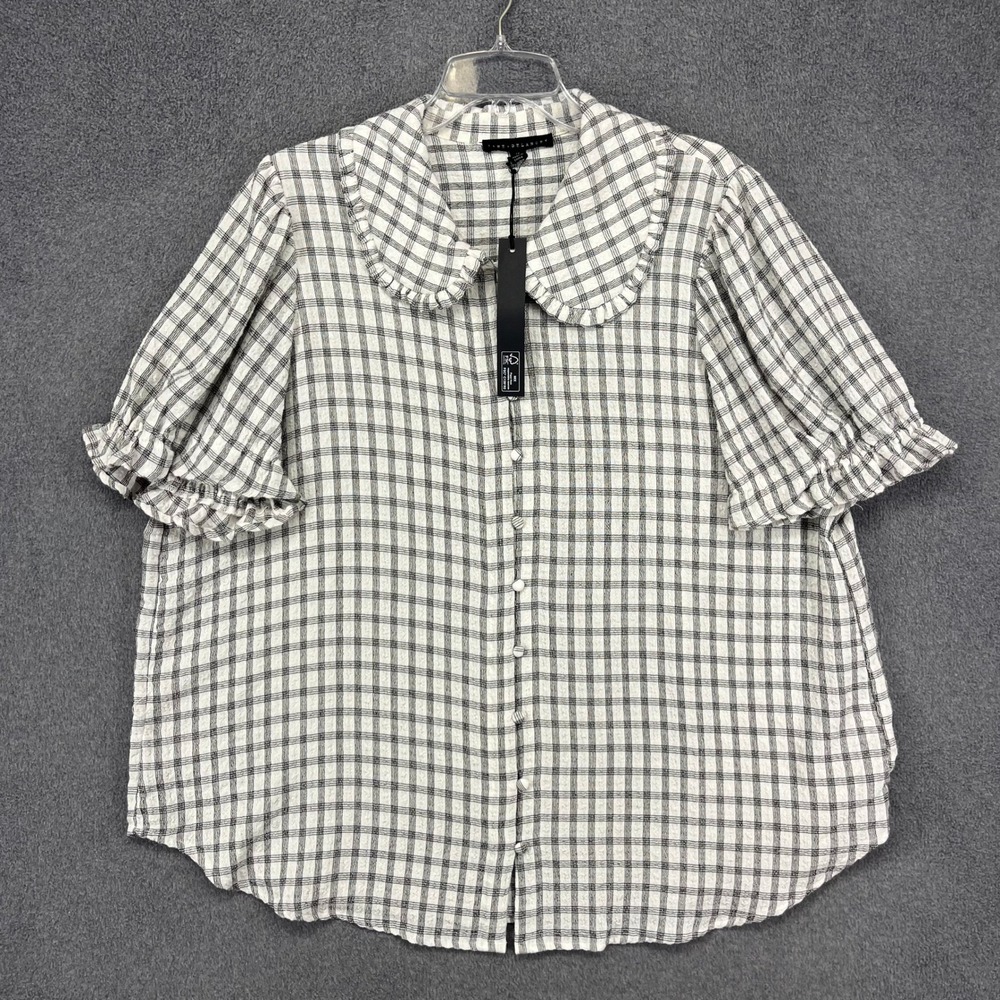 Jane + Delancey Plaid Blouse Women 1X Black White Peter Pan Collar Puff Sleeve